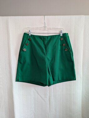 Melanie Lyne Green High Waist Shorts Gold Buttons Size 8 Sailor Nautical Coastal